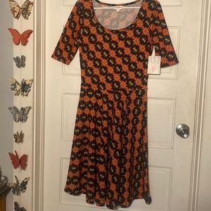 NWT, Lularoe Nicole dress Sz M black, orange, blue, Aztec style pattern
